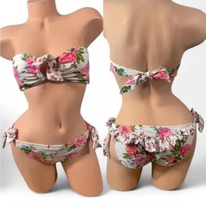 Betsey Johnson Pink Floral Bikini Set Ruffles Bow Heart Retro Vtg